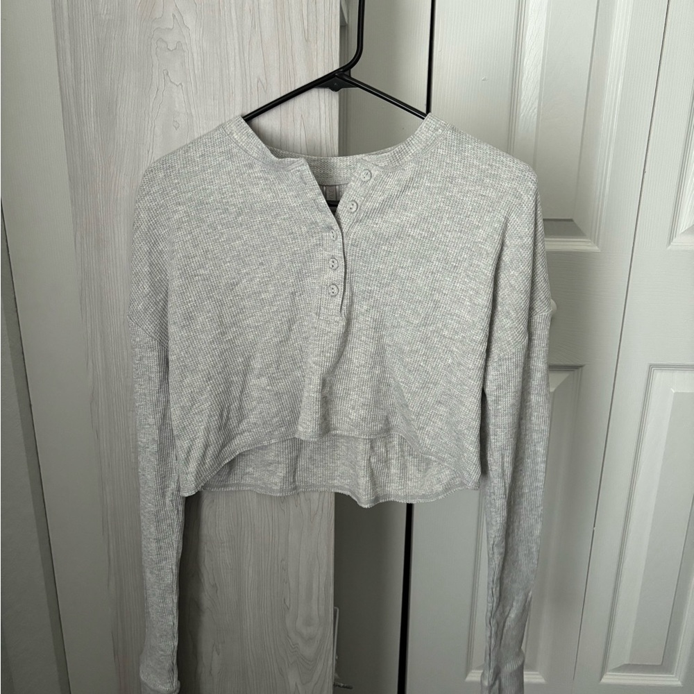 SKIMS Light Heather Gray Waffle Knit Henley Top